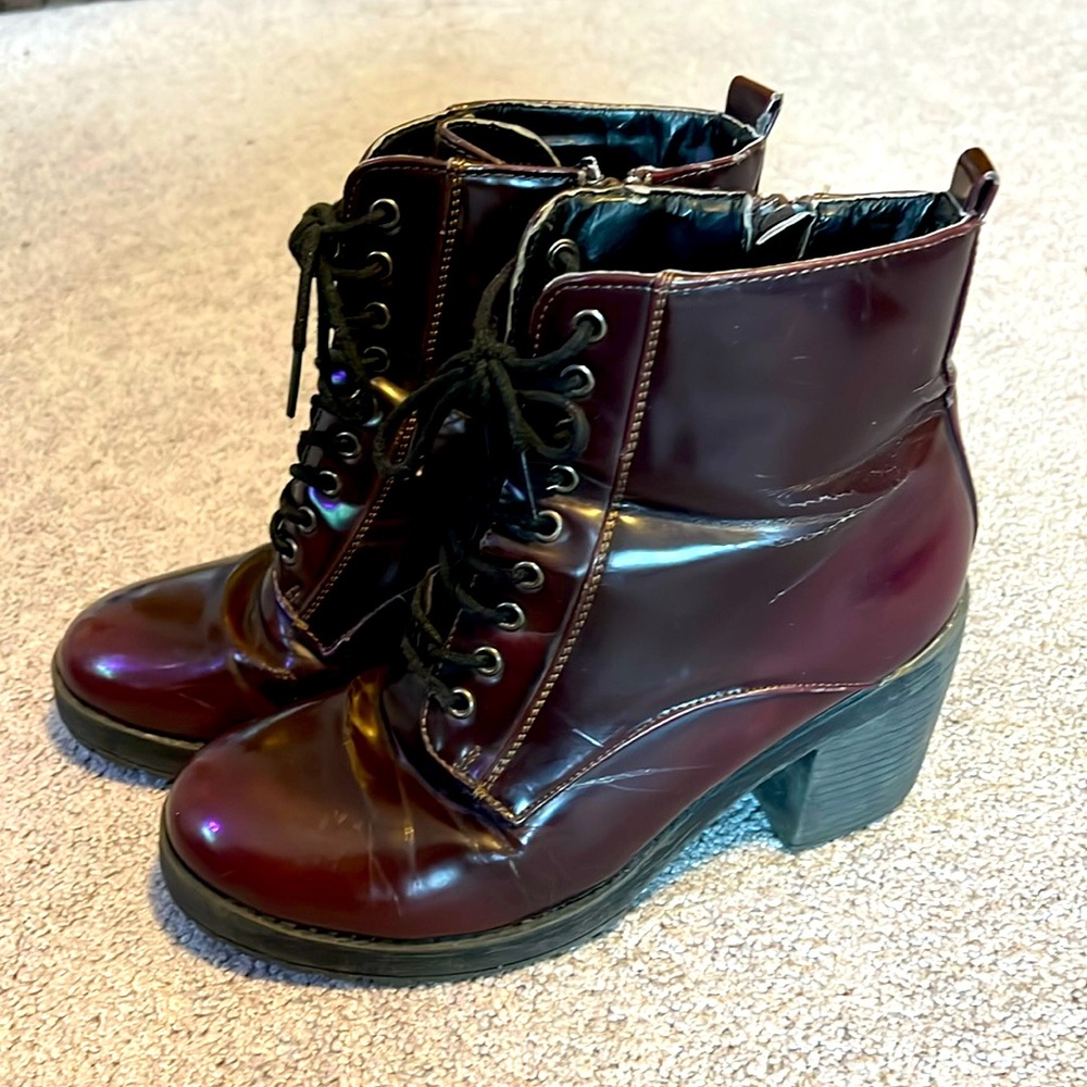 Maroon lace up ankle boots with side zipper